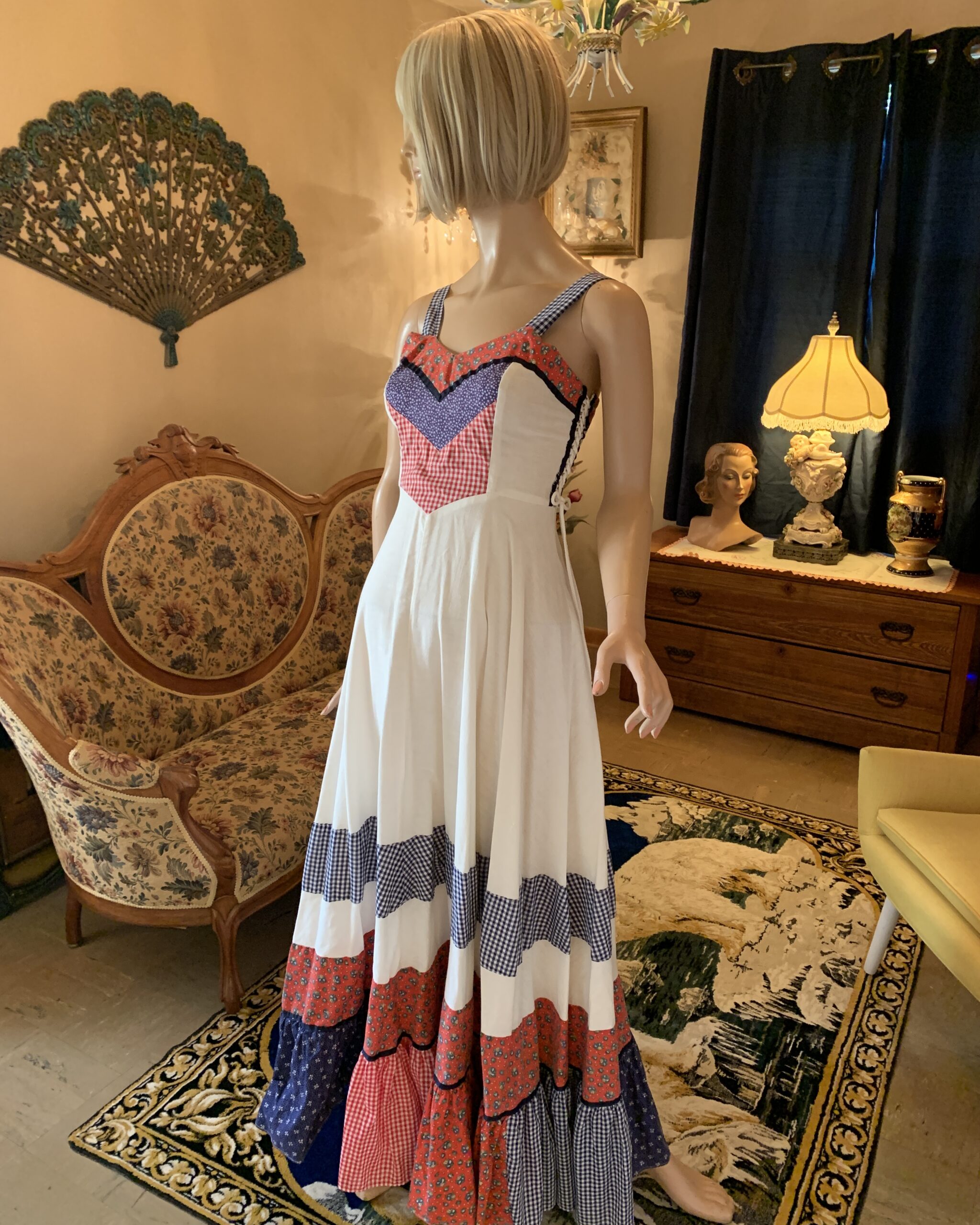 Vintage Gunne Sax gold label prairie dress featuring gingham straps, patchwork bodice, and full tiered maxi skirt.