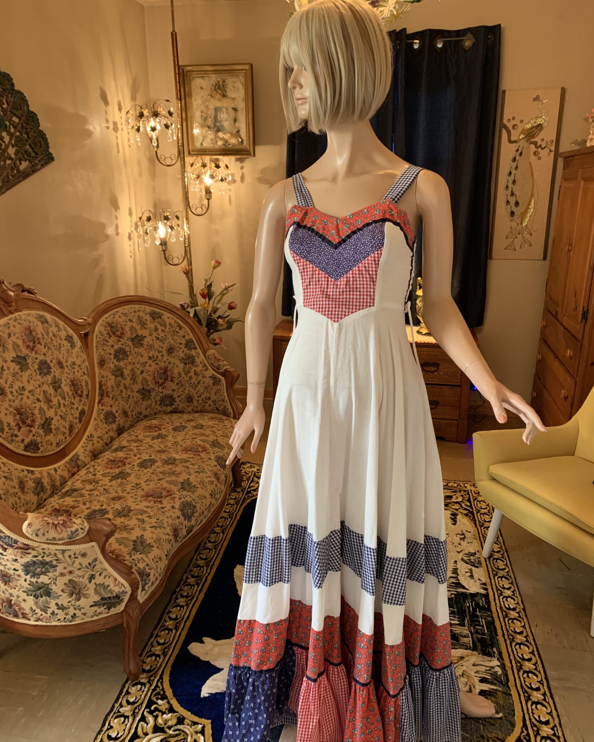 Gold Label Gunne Sax Americana prairie maxi dress in white cotton with red and blue patchwork bodice and tiered skirt.