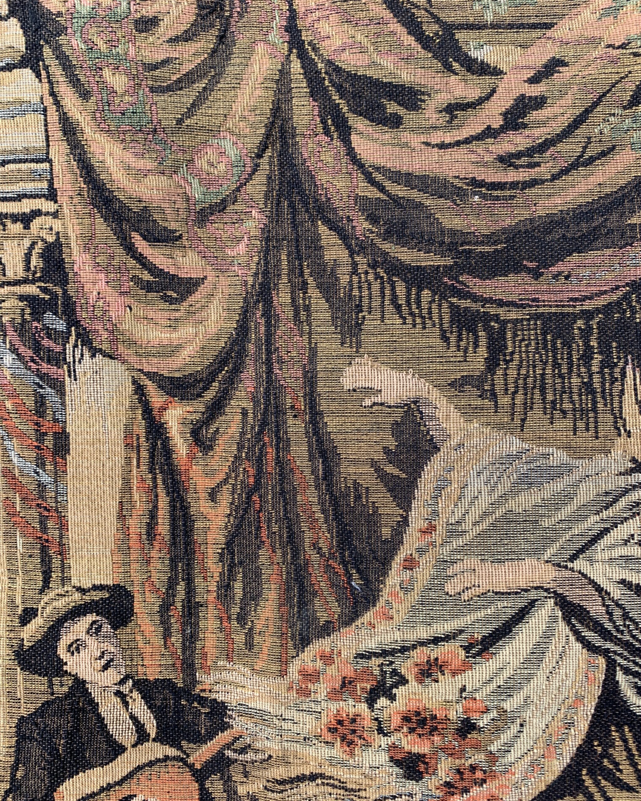 Close-up of woven tapestry drapery and canopy detail above central dancer in romantic courtyard composition.