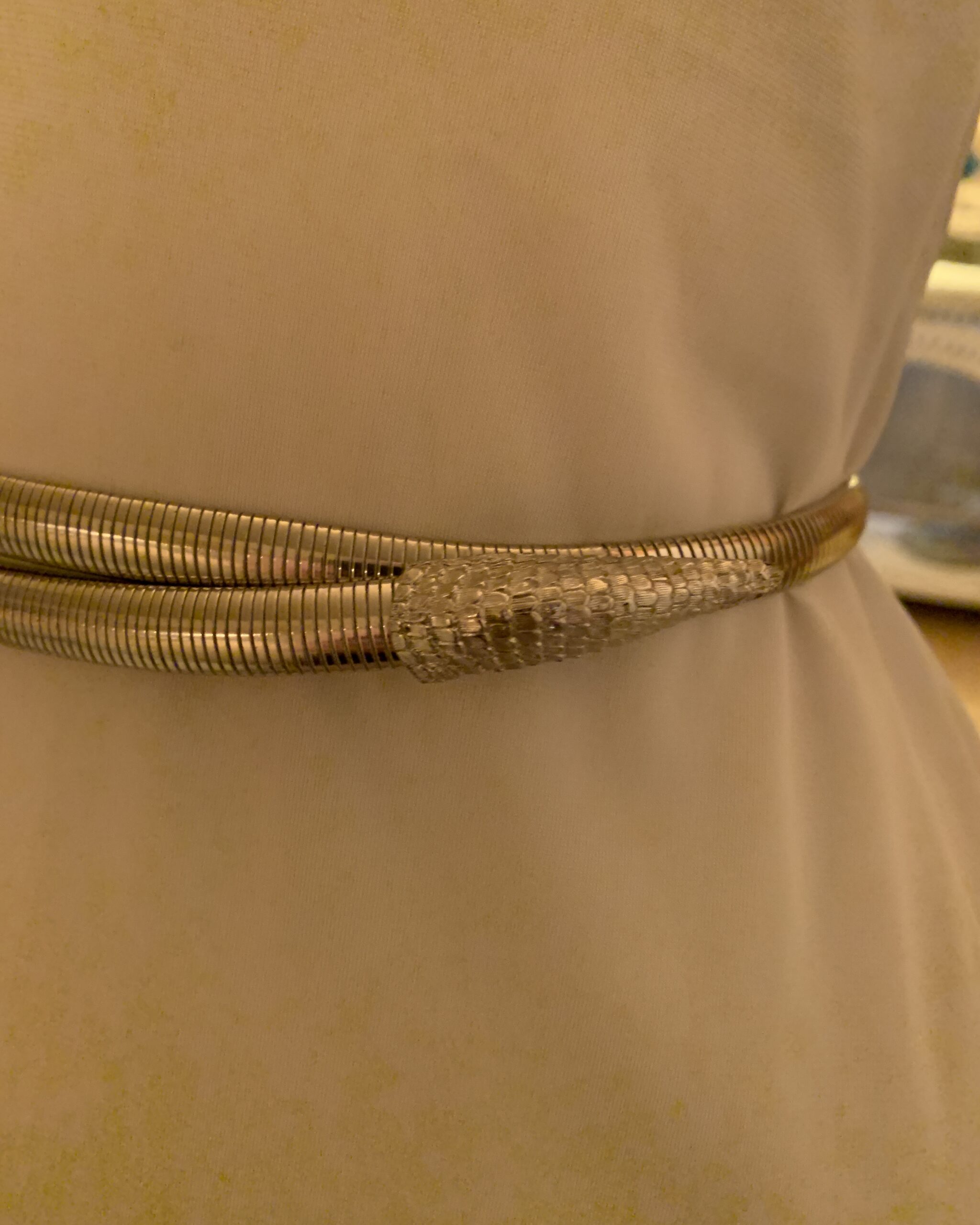 Close-up of vintage Accessocraft N.Y.C. silver-tone snake belt with flexible coil body and textured serpent head.