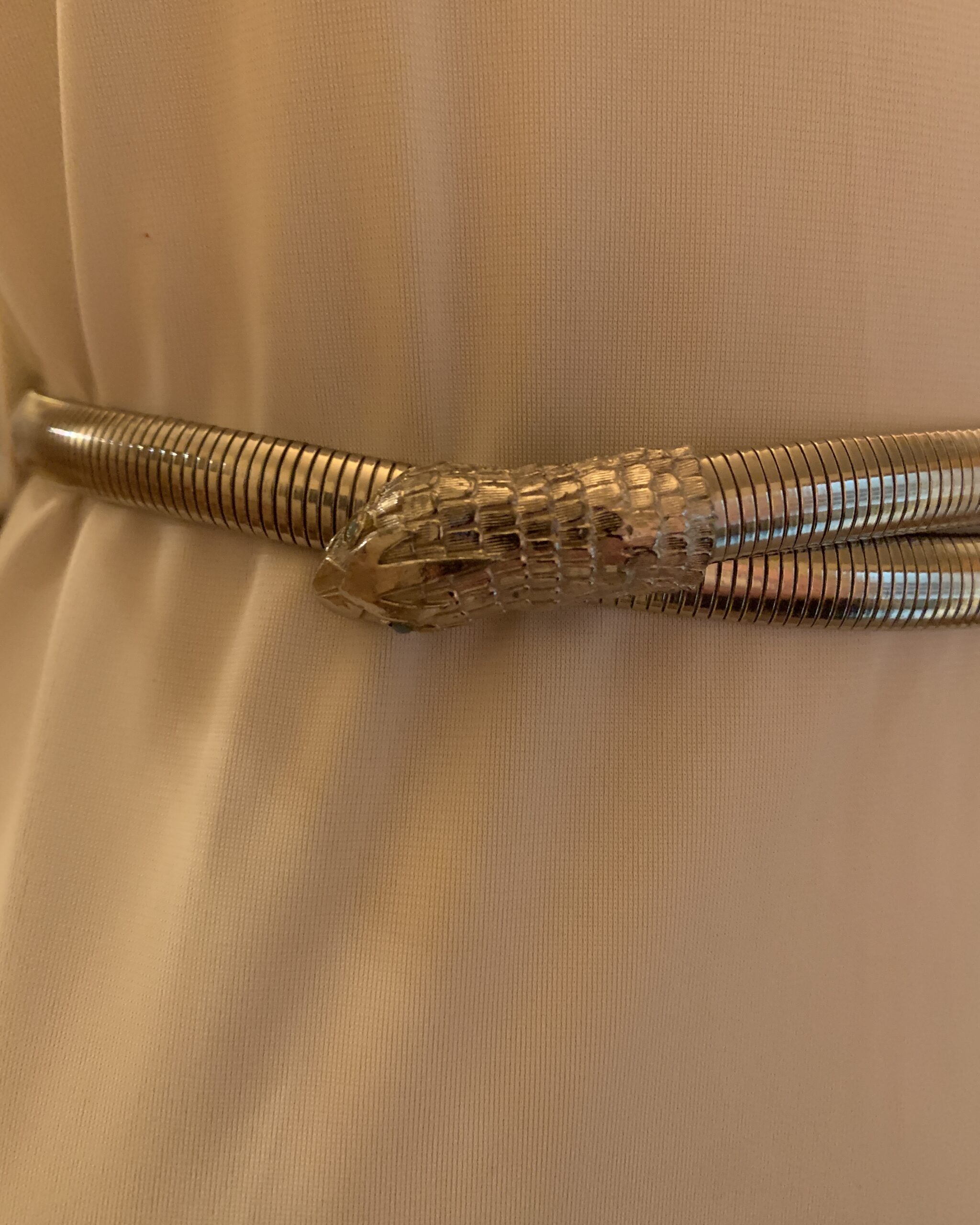 Close-up of textured serpent head on a vintage Accessocraft N.Y.C. silver-tone snake belt.