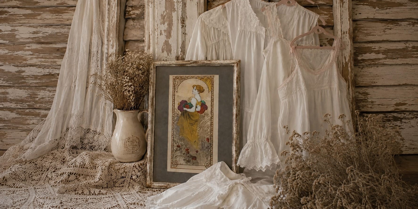 Antique Edwardian white cotton dresses and lace garments displayed with framed Art Nouveau artwork and dried flowers.</p>
<p>