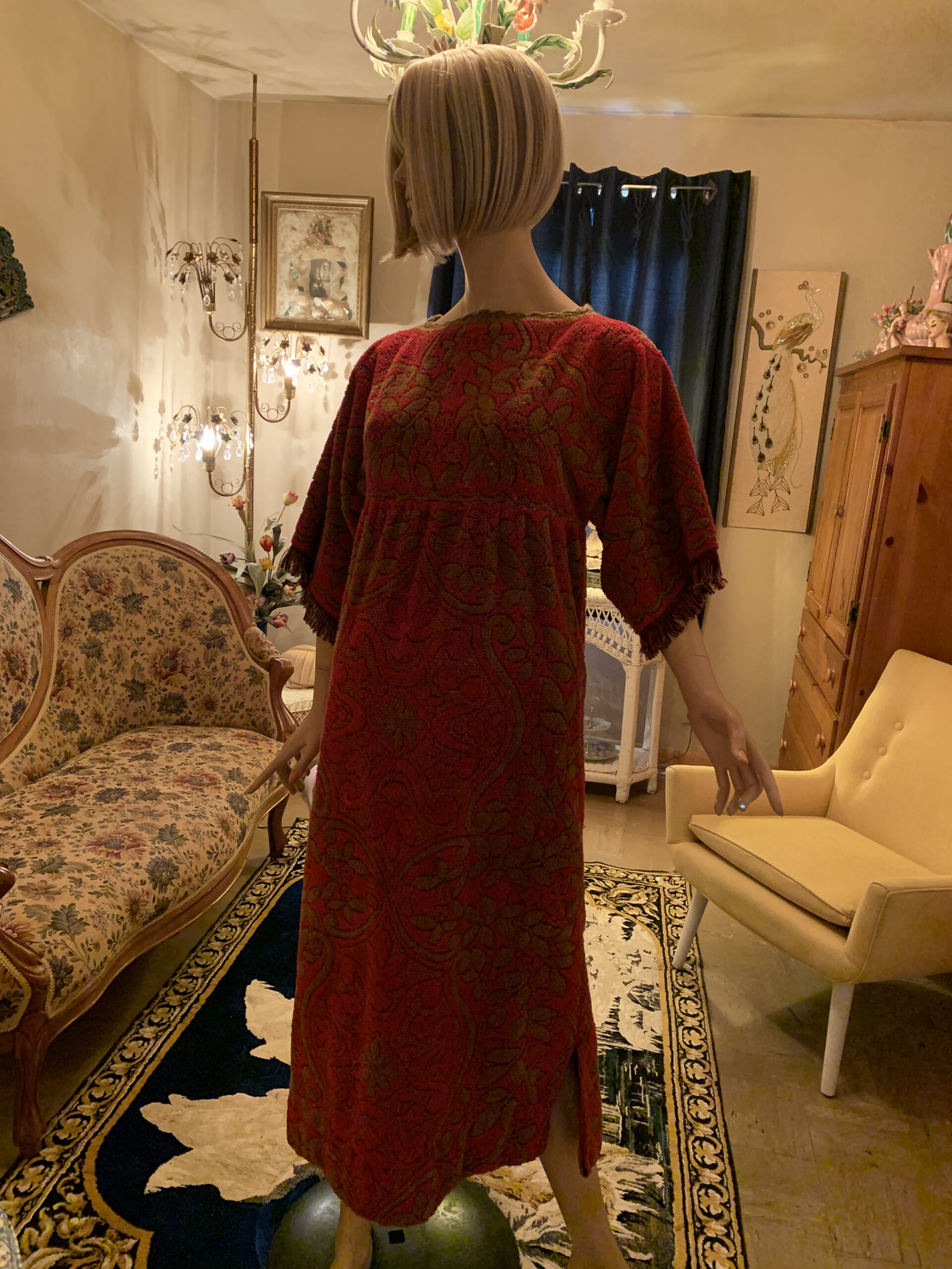 Vintage Cannon Cavalier heavyweight terry cloth towel dress in raspberry red and olive brown floral pattern, front view.