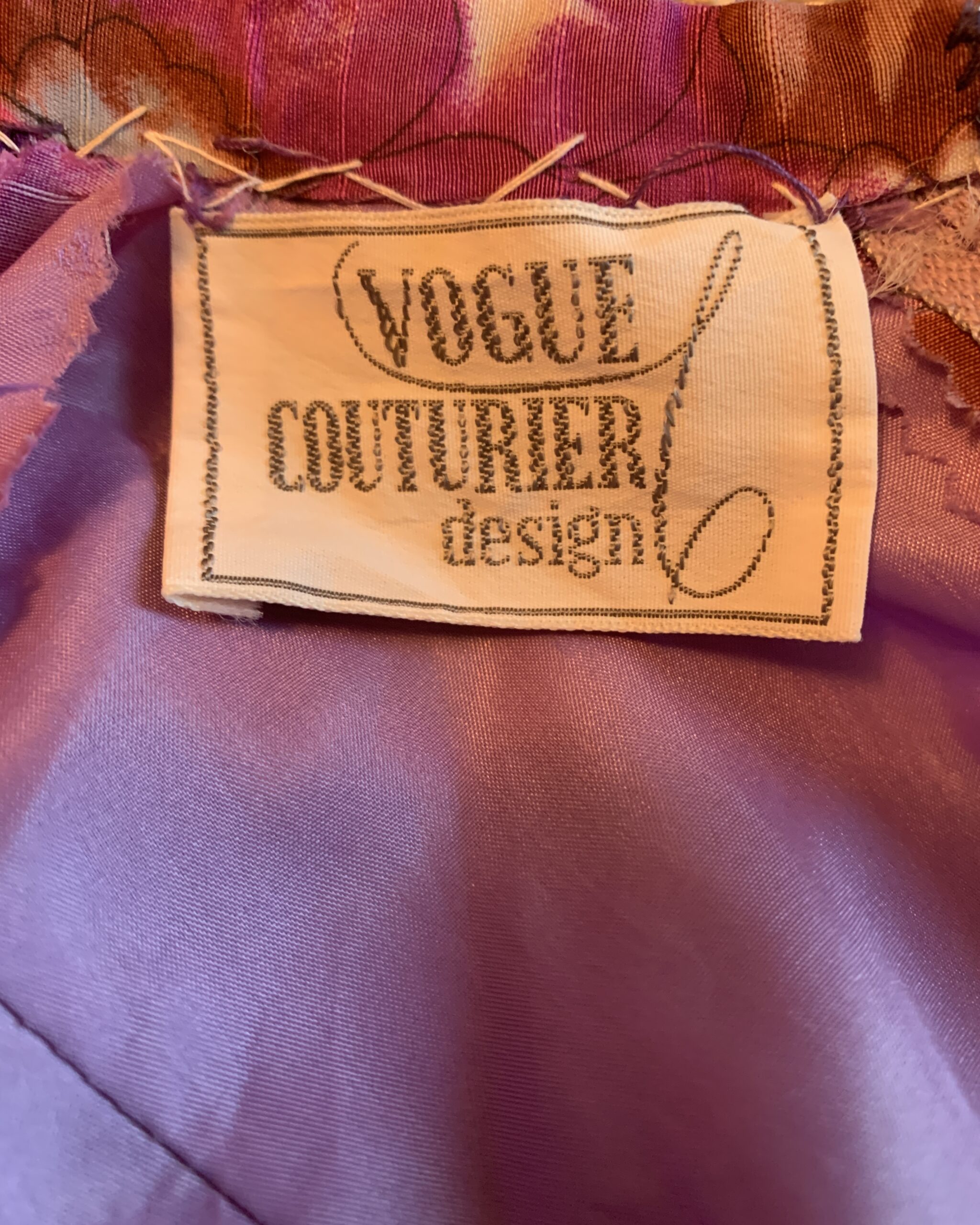 Vintage Vogue Couturier Design label sewn inside a hand-constructed couture garment, featuring the original woven designer label.