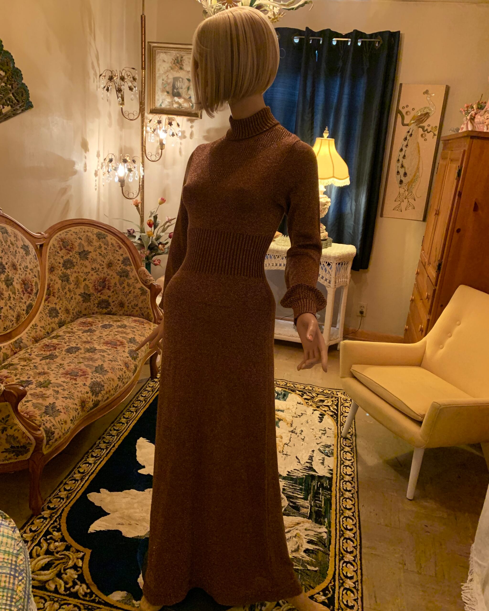 1970s Wenjilli bronze metallic knit maxi dress shown full length on mannequin