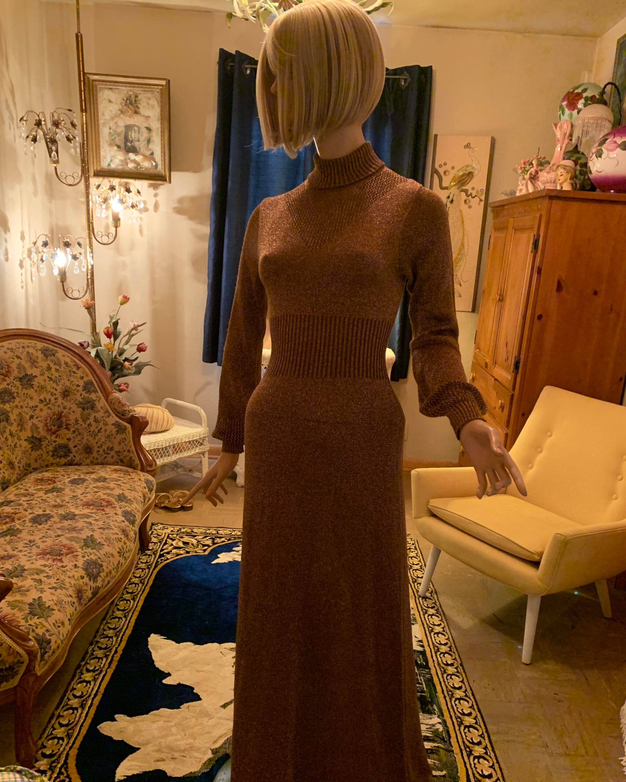 Vintage Wenjilli bronze metallic maxi dress with ribbed waist, high neck and long sleeves