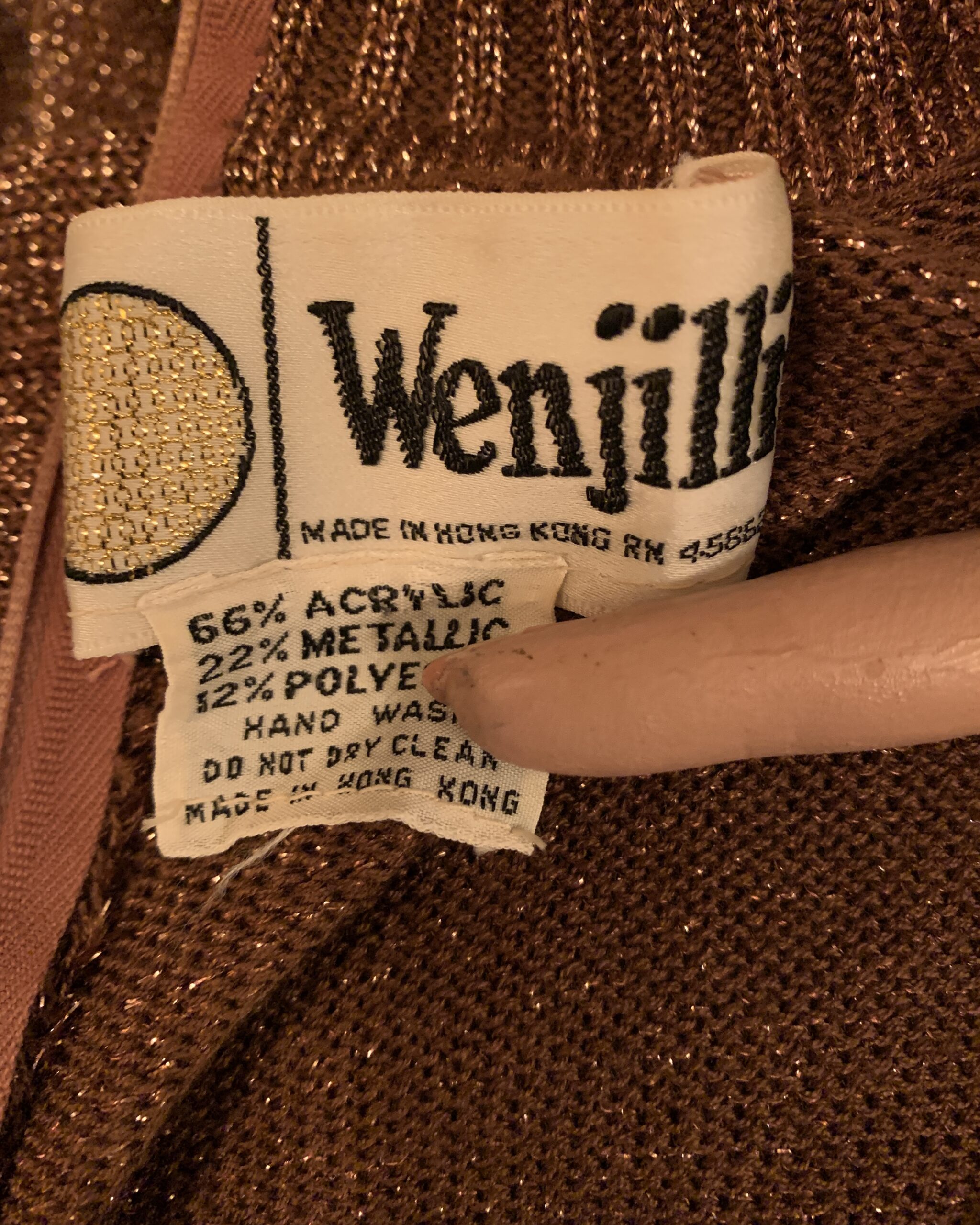 Vintage Wenjilli Made in Hong Kong label and metallic knit fabric content tag