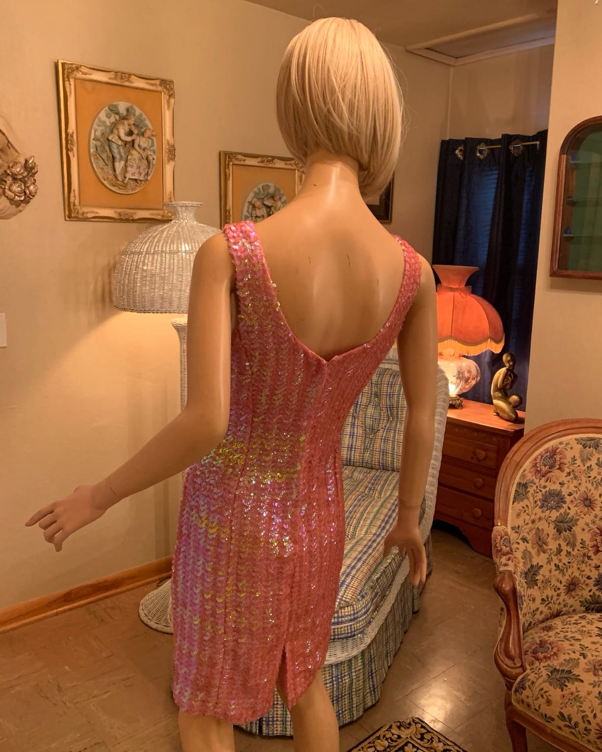 Back view of 1960s pink sequin cocktail dress with low V-back