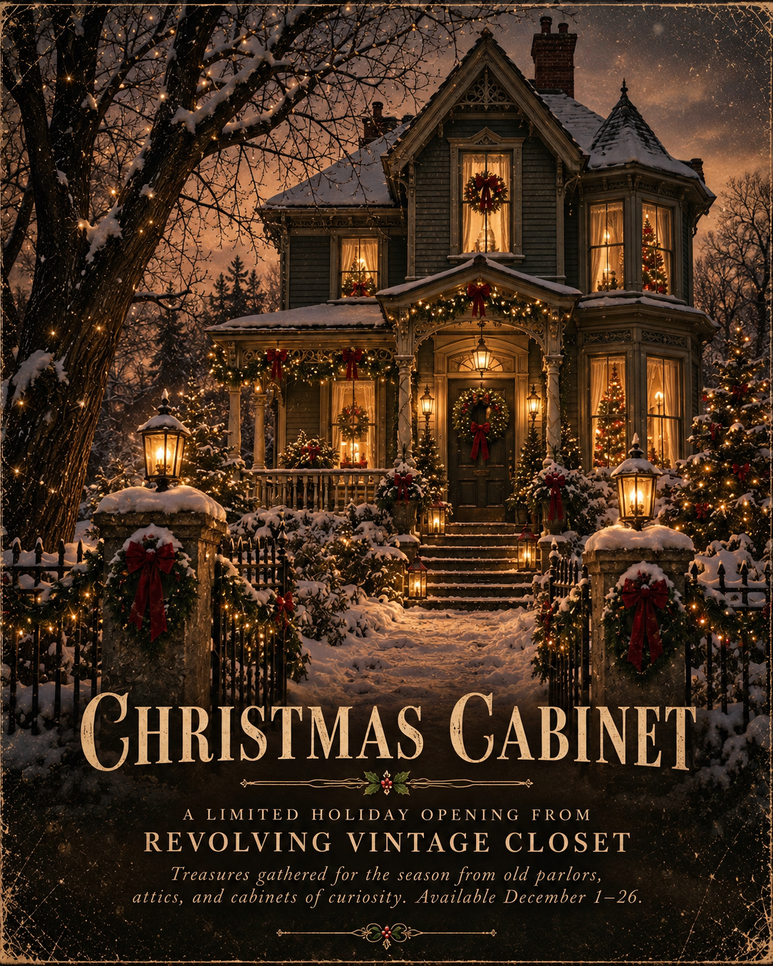 Christmas Cabinet seasonal collection featuring a nostalgic Victorian-style house decorated with snow, wreaths, glowing windows, and holiday lights.