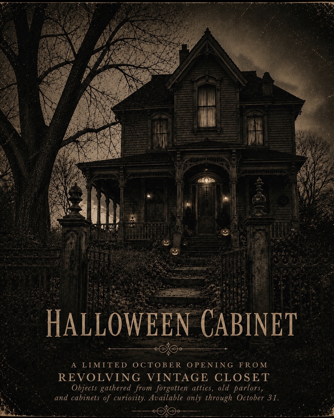 Halloween Cabinet seasonal collection featuring a dark Victorian-style house with glowing windows and jack-o'-lanterns.