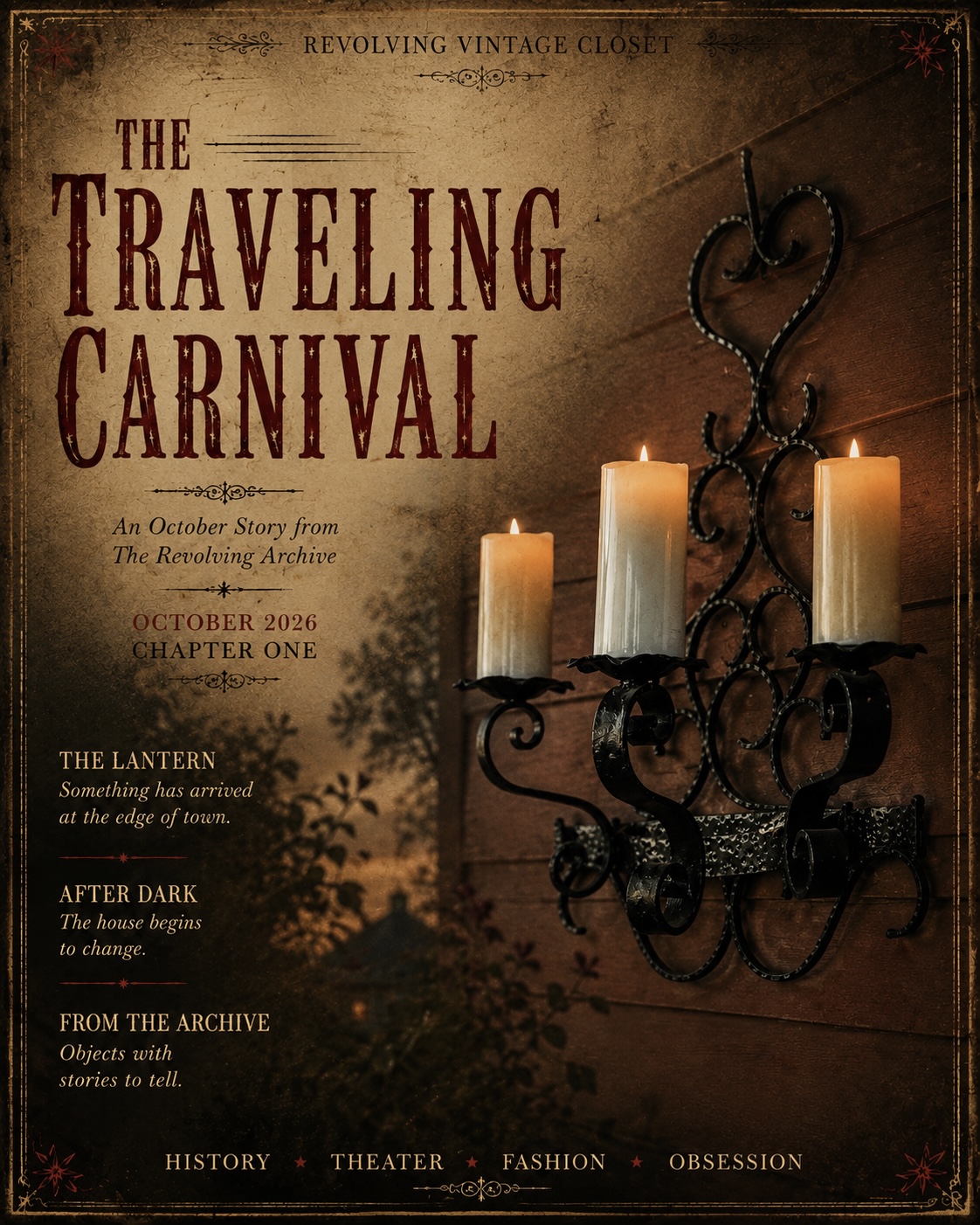 The Traveling Carnival October 2026 story poster featuring a candlelit wrought-iron wall sconce and Chapter One, The Lantern.</p>
<p>